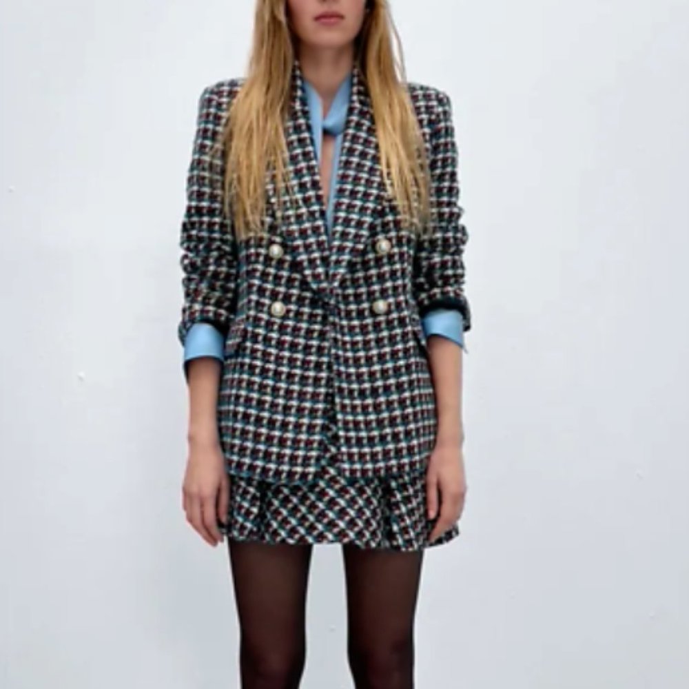 ZARA WOMEN NEW TEXTURED DOUBLE BREASTED BLAZER CHECK Houndstooth 2082/244 S